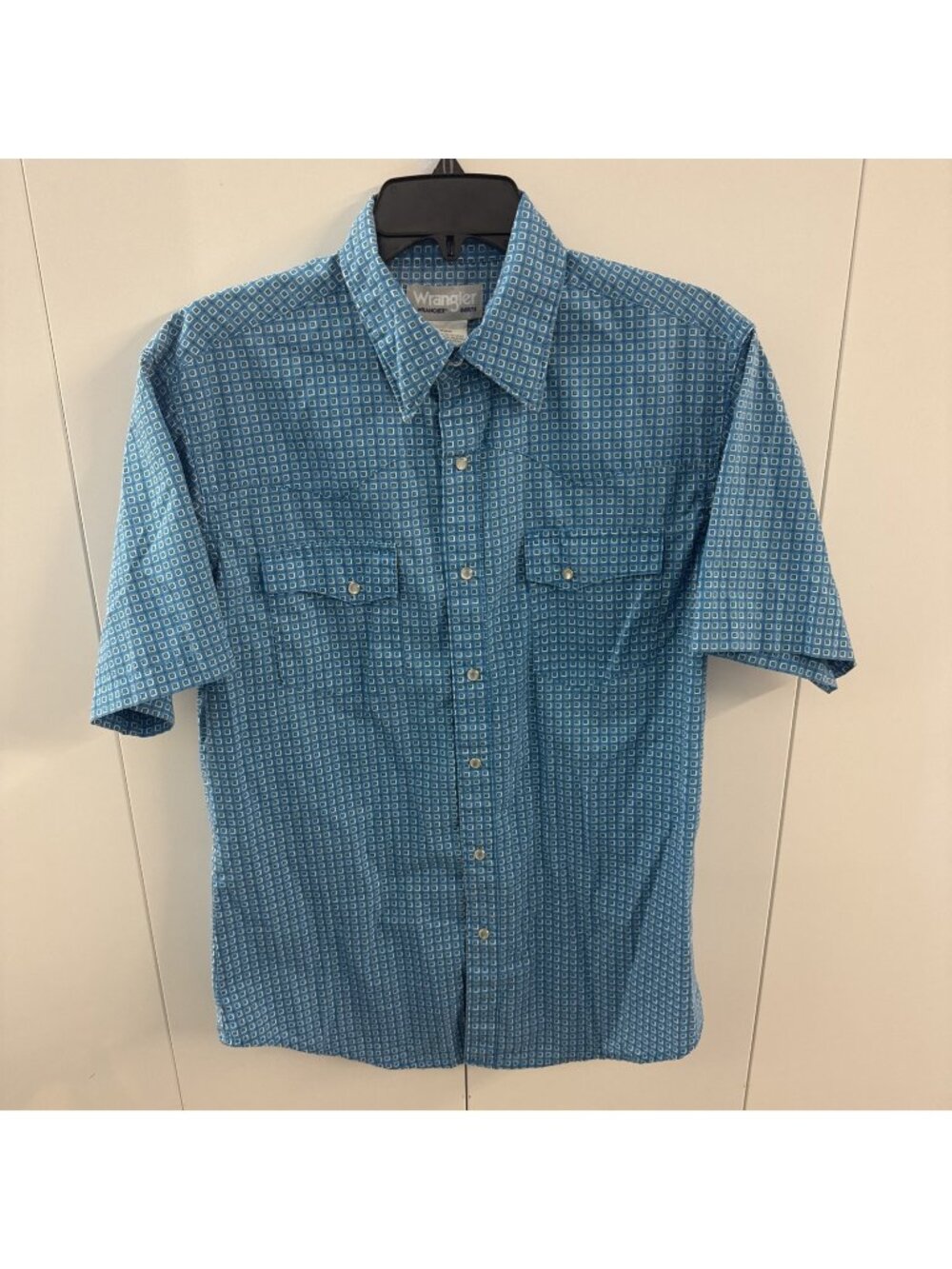 Wrangler Wrancher Men's Medium Short Sleeve Pearl Snap White Blue Check